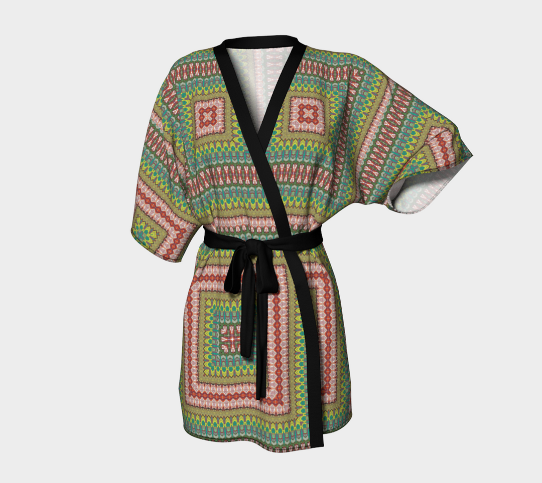 Red Mosaic Quilt Belted Kimono