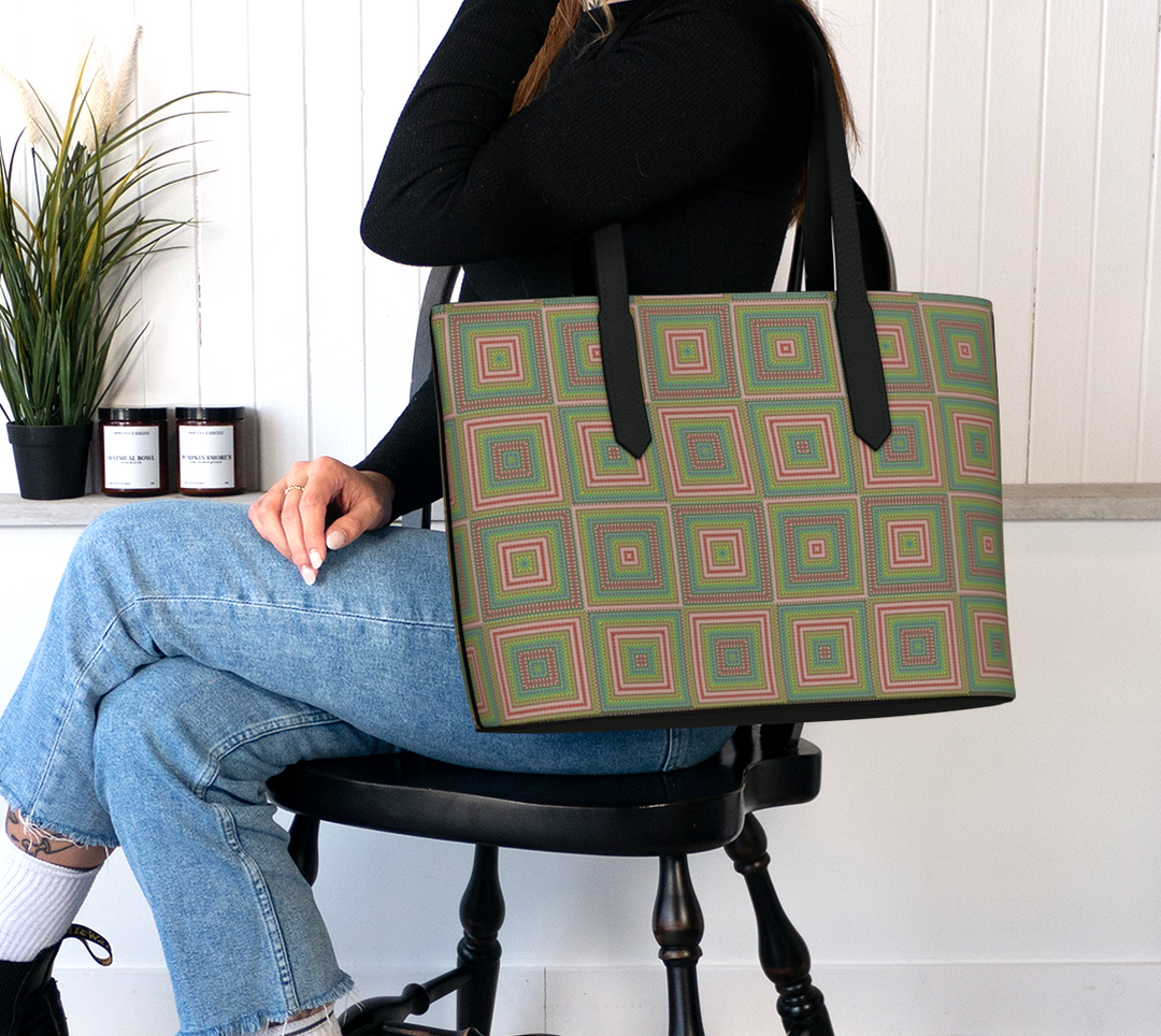 Red Mosaic Quilt Vegan Leather Tote Bag