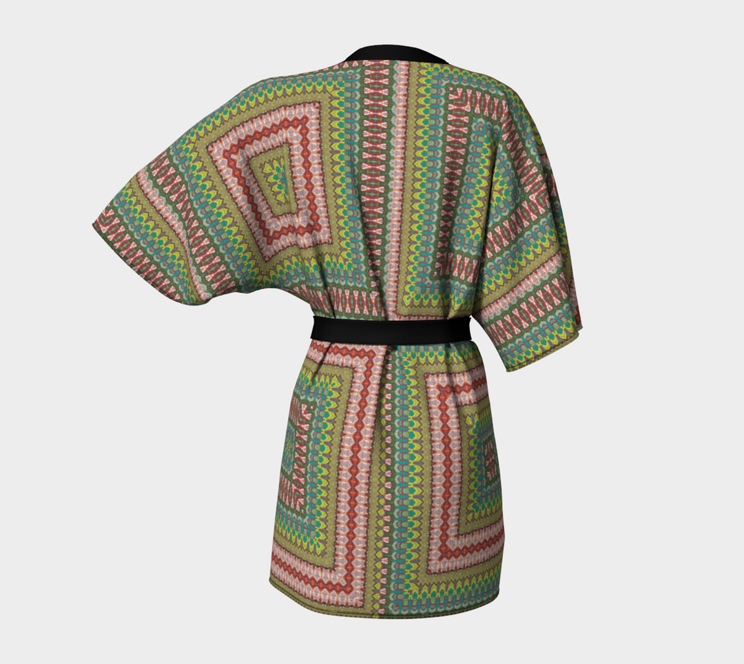 Red Mosaic Quilt Belted Kimono