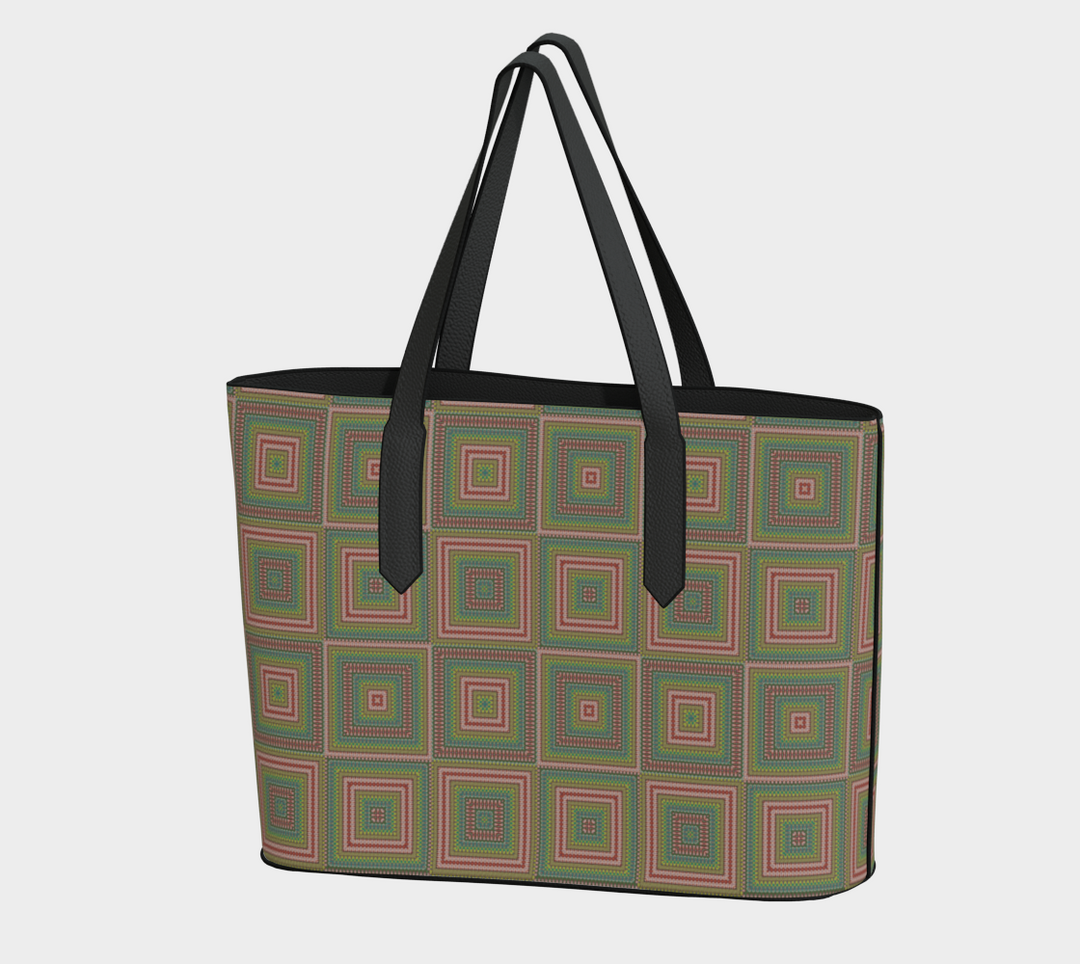 Red Mosaic Quilt Vegan Leather Tote Bag