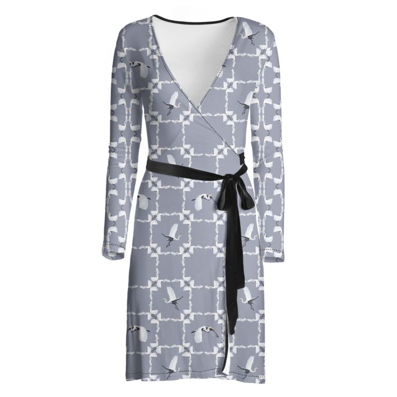 White Egret Check Wrap Dress