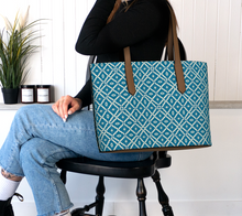 Load image into Gallery viewer, Camelbone Turquoise Flower Vegan Leather Tote Bag
